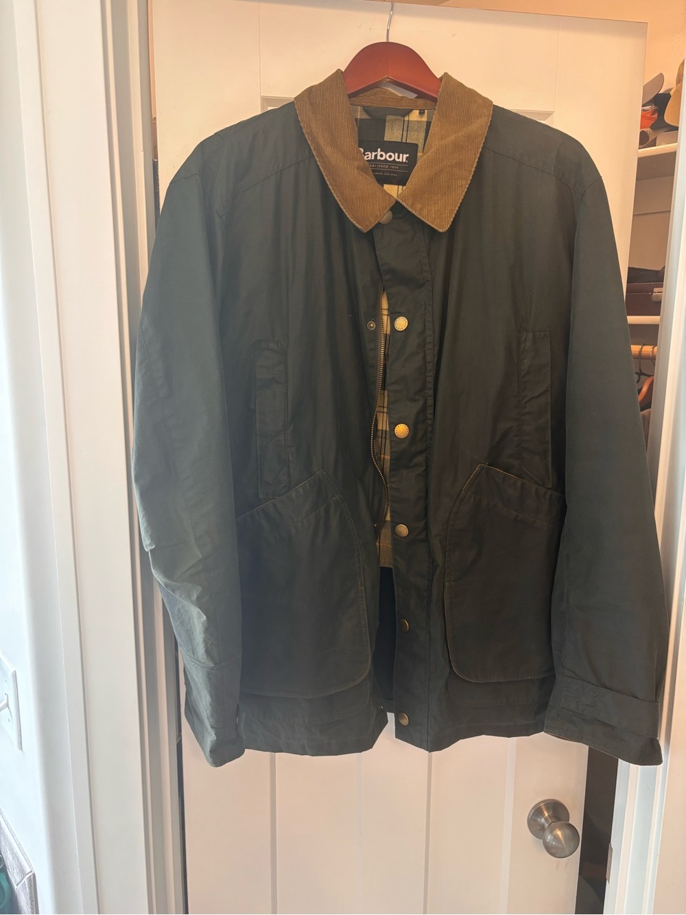 Barbour x J Crew Olive Waxed Jacket with Brown Cord Collar